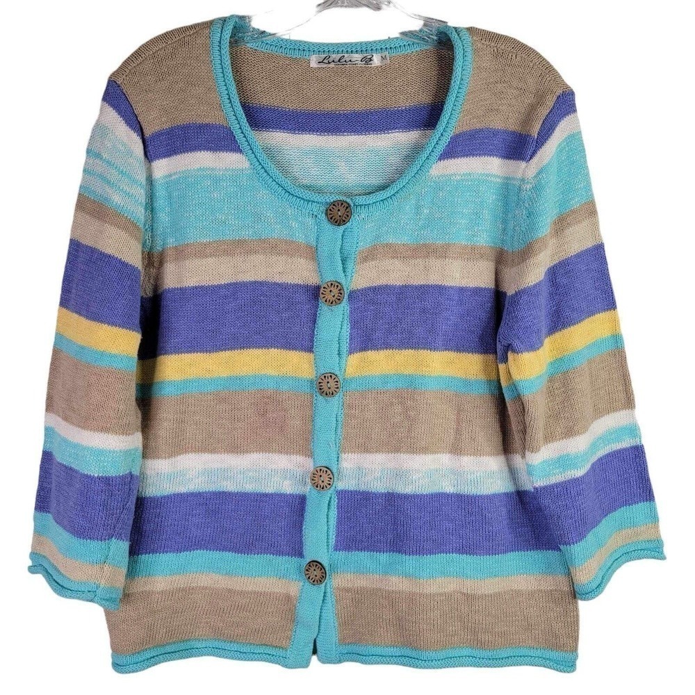 LuLu B Cardigan Sweater Women's Medium Multicolor Striped 3/4 Sleeve Beach Wear - Picture 2 of 8
